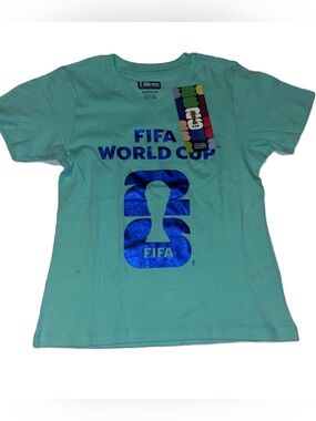 World Cup Kids' Aqua Green Graphic V Neck Tee Shirt Girls M or L